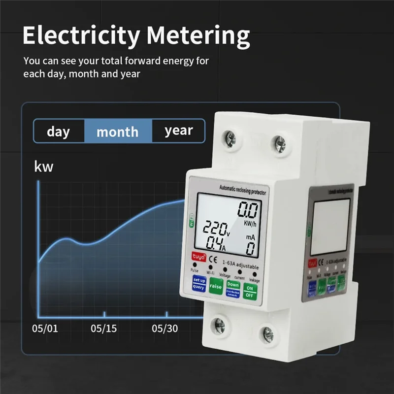 MOPHE-Tuya 63A 2P WIFI Energy Meter Smart Power Circuit Relay Switch, Over/Under Voltage Leakage Current Protector, Kwh