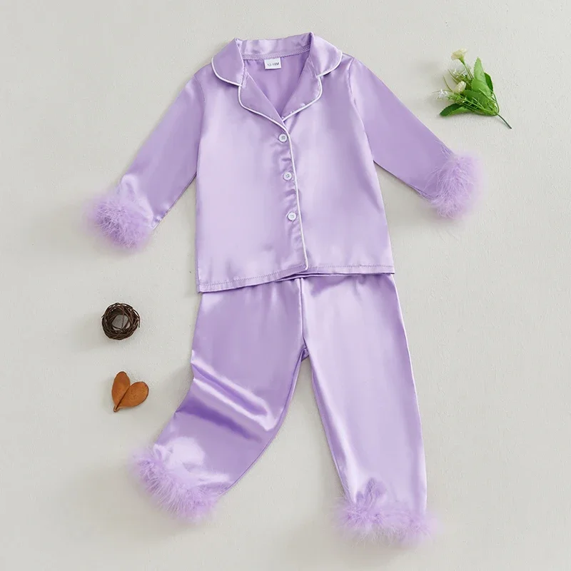 

Little Girl Satin Pajama Set Solid Color Fuzzy Trim Long Sleeve Button Down Tops Elastic Waist Pants Fall 2 Piece Set