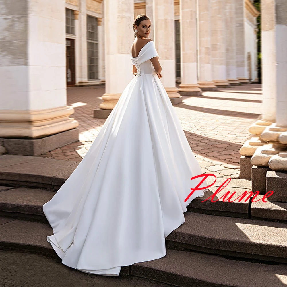 Customized Elegant White Satin Bridal Gowns Temperament V-neck Off the Shoulder Wedding Dress Chapel Train Lace Up Back Dress