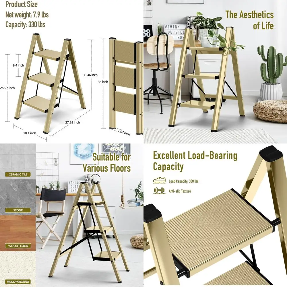 

3-ступенчатая лестница, алюминиевый складной табурет-ступенька для взрослых, стремянка с широкой противоскользящей педалью, вместимость 330 фунтов для дома, офиса, кухни