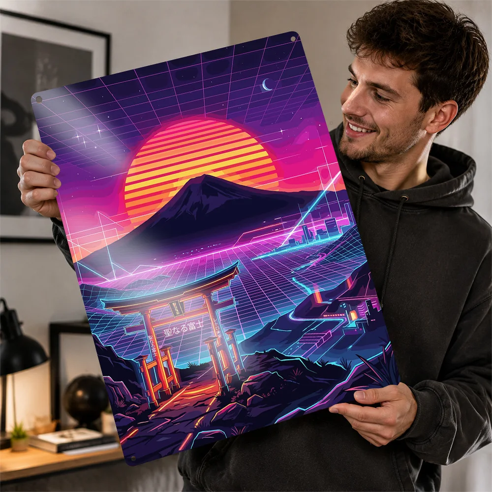 Japanese Landscape With Torii Gate Printed Poster Customized Aluminum Metal Sign Retro Cyberpunk Scene Wall Art For Game Rooms
