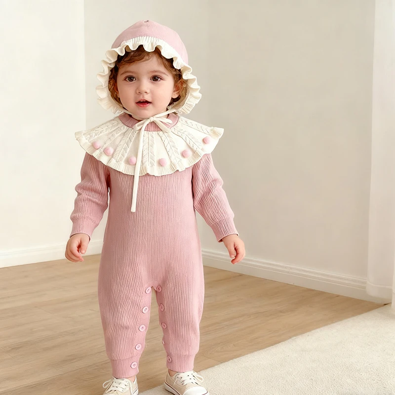 

2026 New Spring 0-24M Children Knitted Clothing Newborn Baby Romper Infant Baby Girls Long Sleeved Splicing Knitted Jumpsuit
