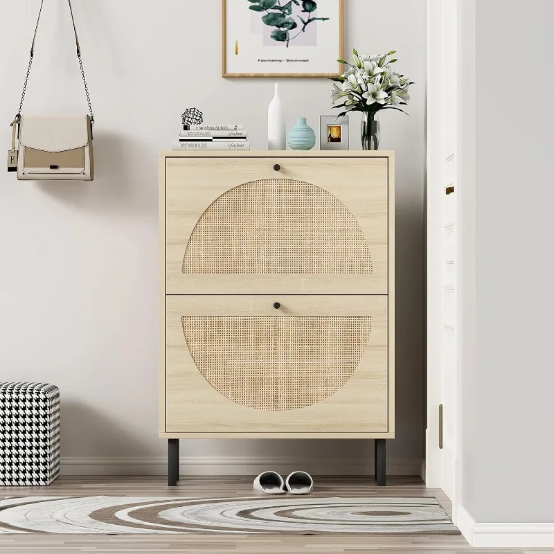 Natural Rattan Shoe Cabinet with 2 Flip Drawers, Entrance Hallway Free Standing Shoe Racks with Metal Legs for Heels, Slippers