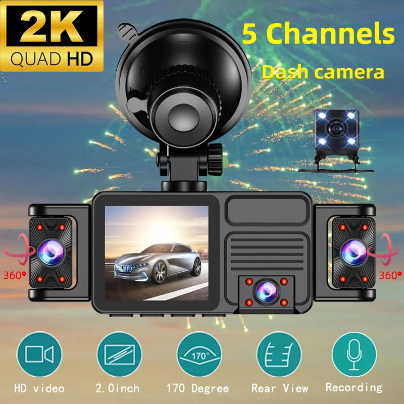 5 Channel 360° Panoramic Car Dash Cam 2K HD WiFi Car DVR with 24/7 Parking Monitor Night Vision G-Sensor Loop Recording IP66 WAT