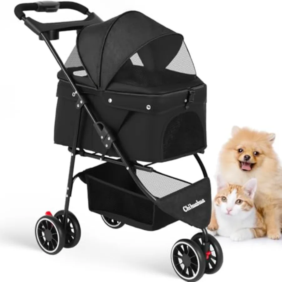 

Pet StrollerDog Stroller for Small Medium Dogs Cats 3 Wheels Foldable with Breathable Mesh Canopy Cup Holders Easy Assembly