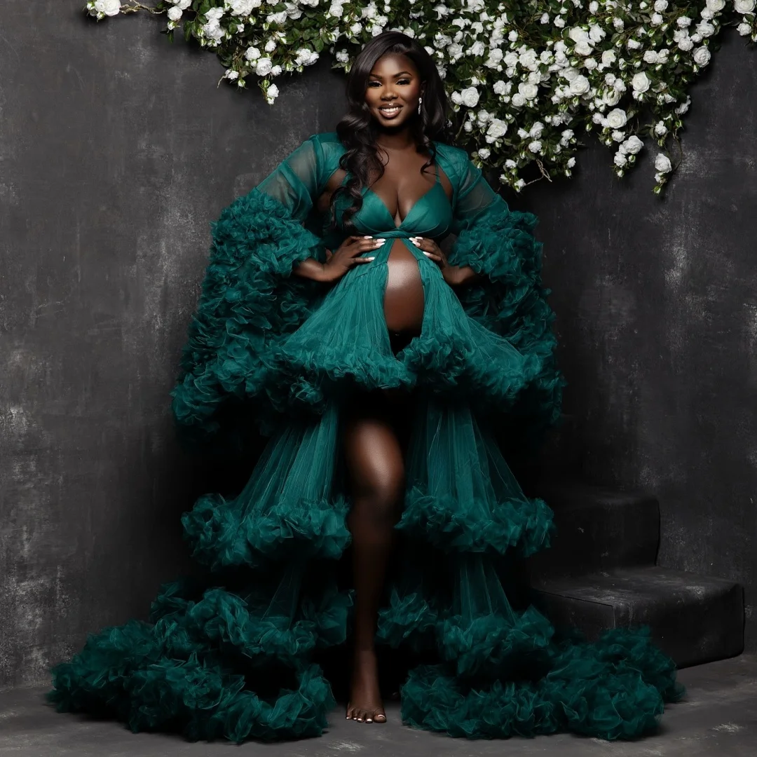 

2 Pcs Hunter Green Prom Dresses Women Tulle Ruffles Maternity Photoshoot Dress Customized Slit Boho vestido de novia