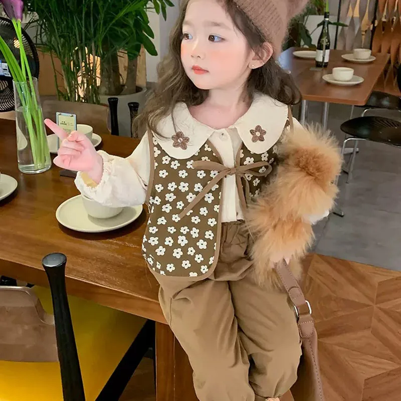 Clothing Sets Fall 2024 new girls\' doll collar top +bloomers flower vest+pants three-piece set Girls Fashion Kids Outfit