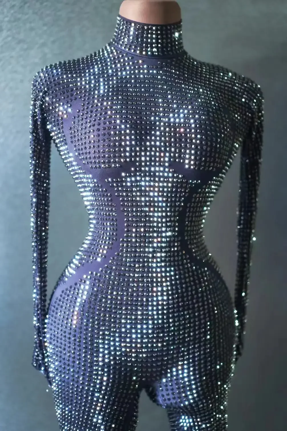 Nightclub Party Leotards Lady Shining Rhinestone Stage Performance Costume Sparkling Crystal Diamond Long Sleeved Jumpsuit