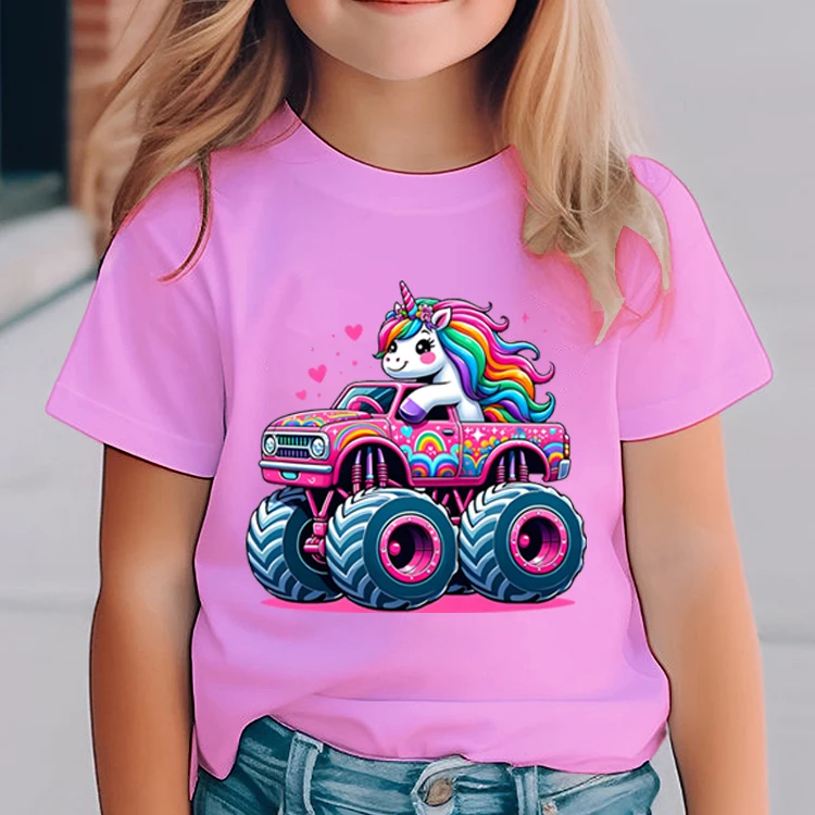 Cute Unicorn Truck Print T-shirt Toddler Girl Tee Unicorn Monster Truck Print Soft Casual Top Funny Pink Unicorn Truck Girl Wear