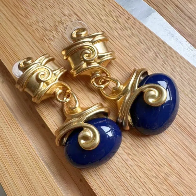 

VKVVA Fashion Jewelry Vintage Navy Blue Cloud Pattern Beaded Tassel Shoulder-Duster Stud Earrings