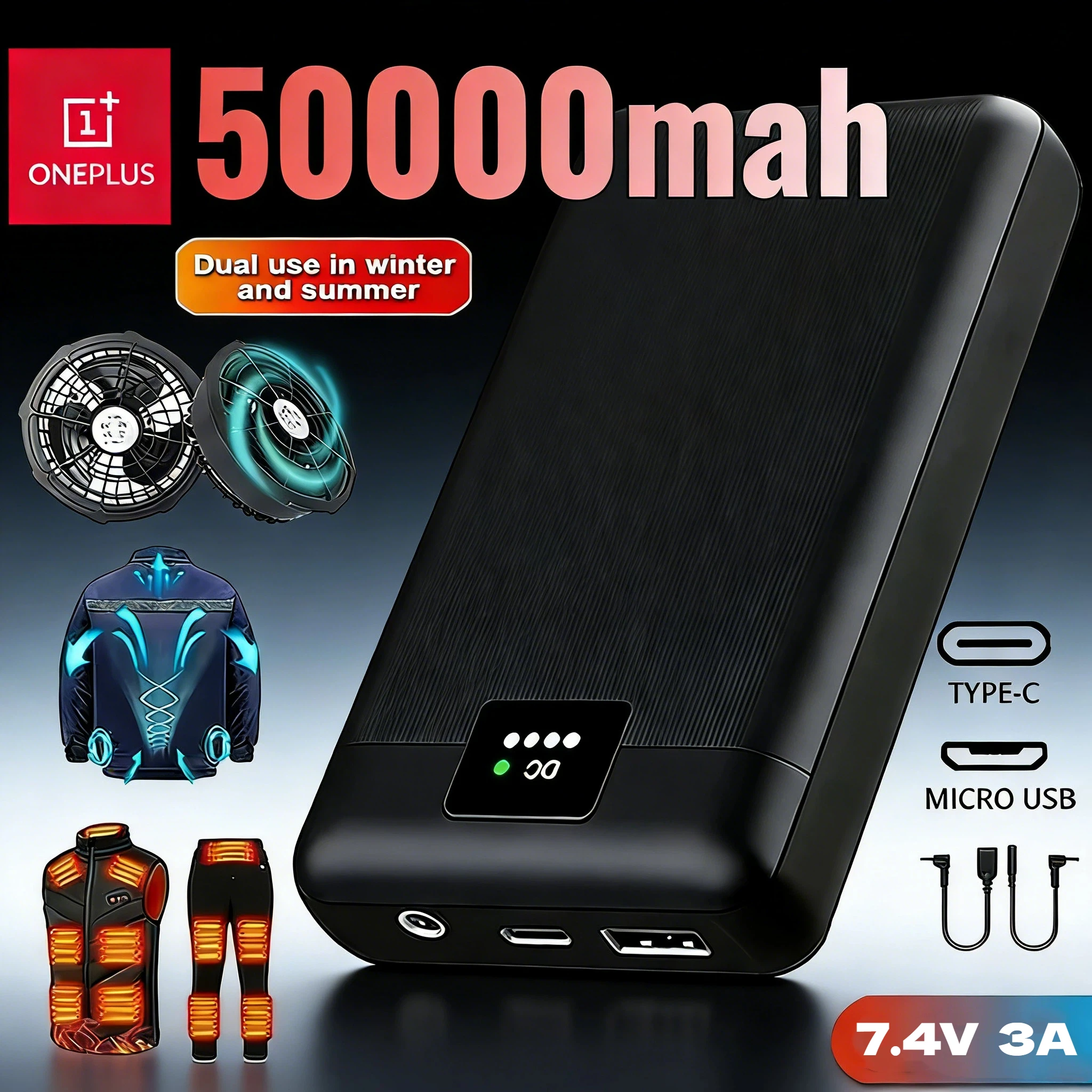 

Портативный аккумулятор Oneplus для жилета с подогревом, 3А, 20000 мАч, Power Bank для куртки, выходы Micro USB и USB Type-C, черный