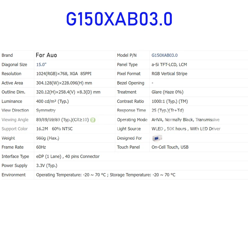 G150XAB03.0 Painel de tela LCD TFT de 15,0 polegadas original para Auo novo conector EDP de 40 pinos