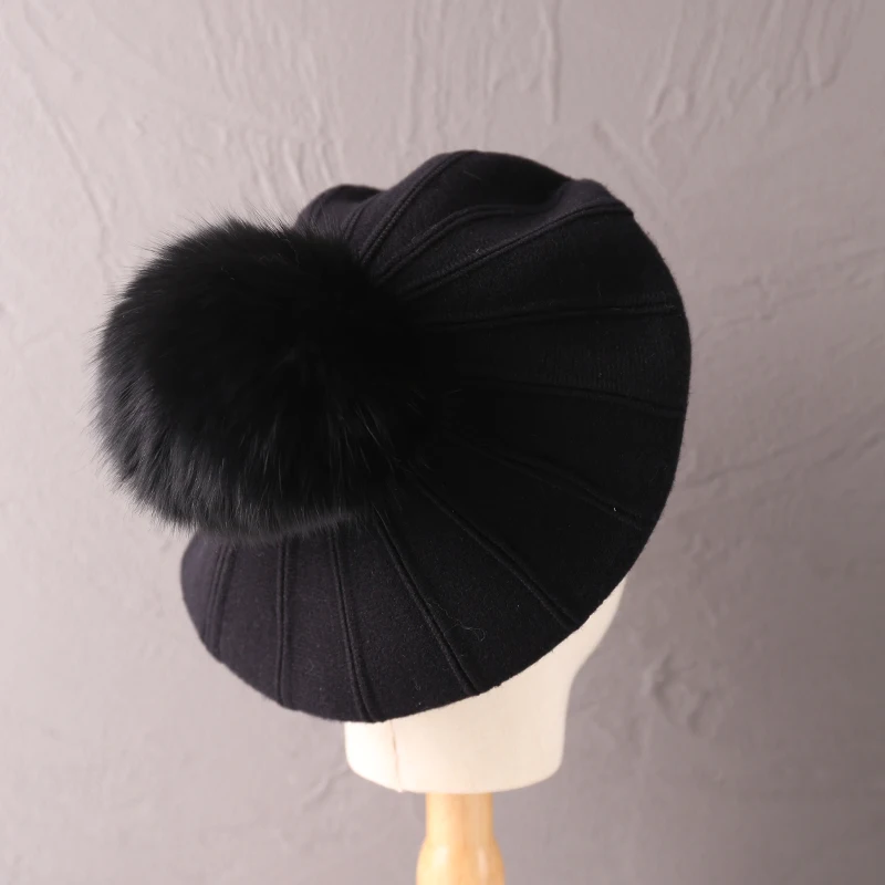 Autumn Winter Black Real Fur Pom Pom Wool Berets Women Casual Knitted  Beret with  Ladies Cashmere Winter Hat Female