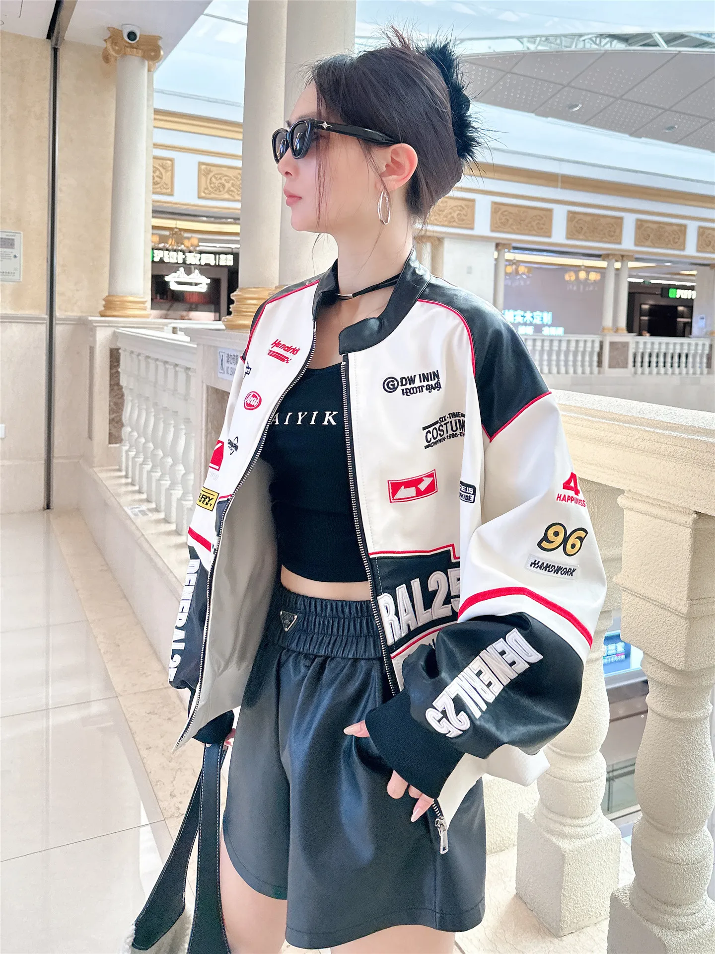 American Street Color Blocking Long Sleeve Leather Jacket New Autumn Vintage Embroidery Letters Stand Collar Locomotive Coats