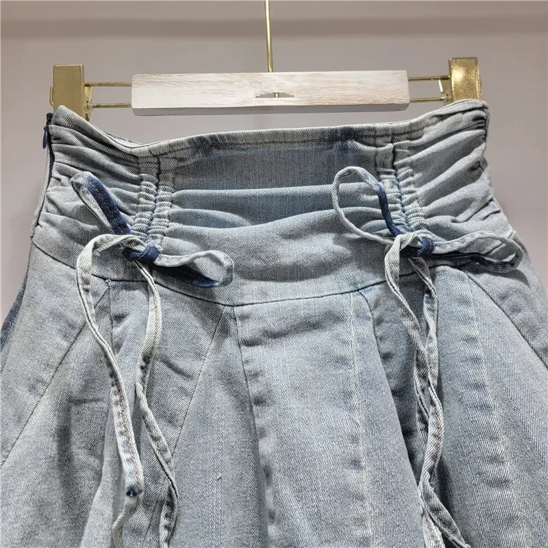 Short Dresses Women Streetwear Retro Pleated Denim Skirt Summer 2025 High Waist Reducing and Slimming A-line Ruffled Dress Y2k