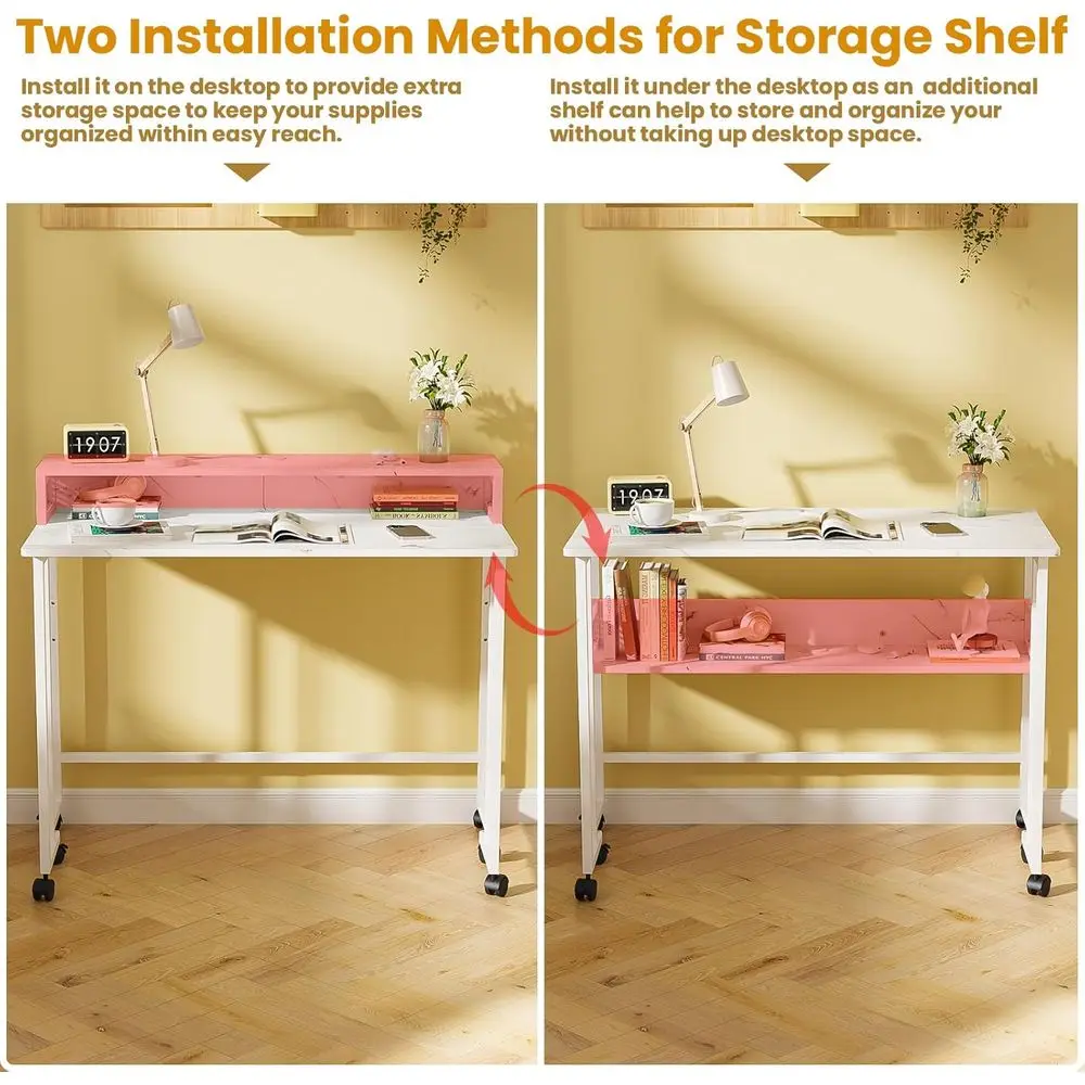 مكتب رخامي أبيض محمول مع مساحة تخزين للمكتب المنزلي، طاولة جانبية للأريكة، مناسبة للمساحات الصغيرة، 31.5 #5