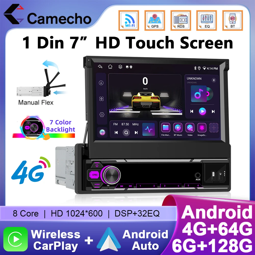 Camecho 6 + 128G 1 Din راديو السيارة 7 "شاشة قابلة للسحب أندرويد Autoradio Carplay Auto GPS ستيريو 1Din مشغل وسائط متعددة واي فاي 4G #1