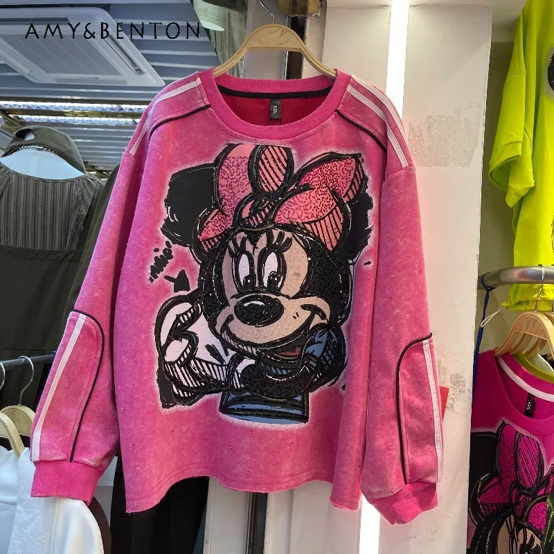 

Popular Design Pink Hoodies Coat 2025 Autumn Heavy Wash Cartoon Loose Sweatshirt Ladies Casual Pullover Top Sudaderas De Mujer