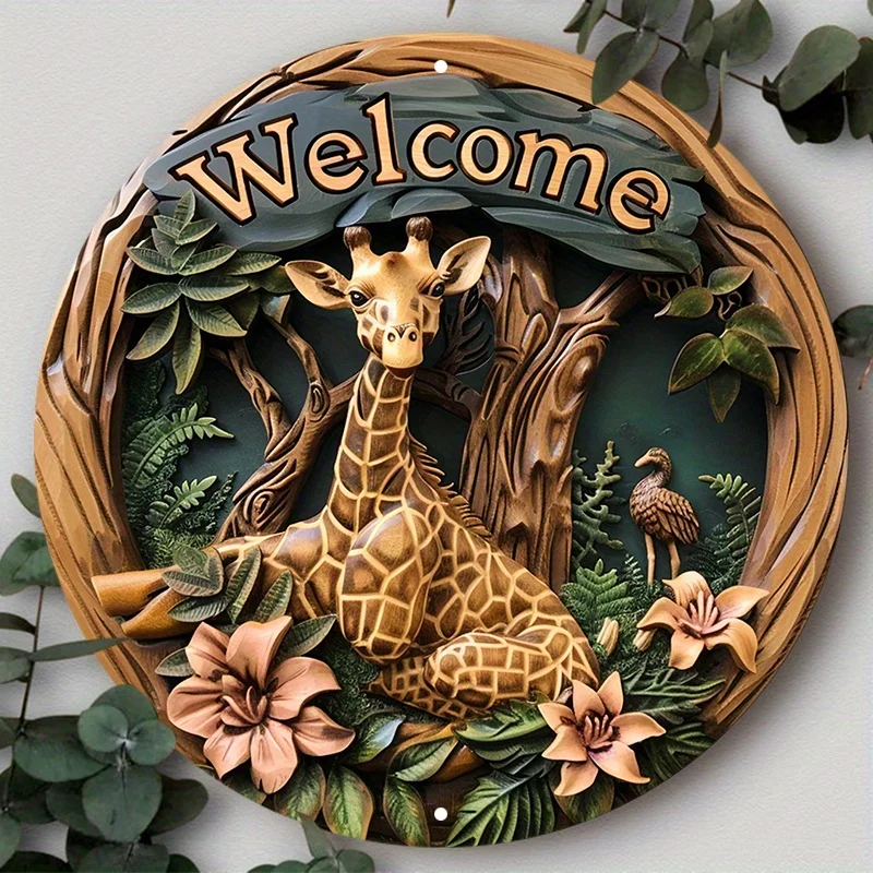 

Aluminum Welcome Sign with Giraffe and Floral Wreath Design, Weather-Resistant, HD Printed, Pre-Drilled for Easy Hanging