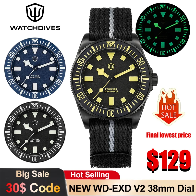 

Watchdives EXD V2 Титановые кварцевые часы VH31 Развертки 200 м Водонепроницаемые винтажные часы с сапфировым стеклом Светящиеся мужские часы