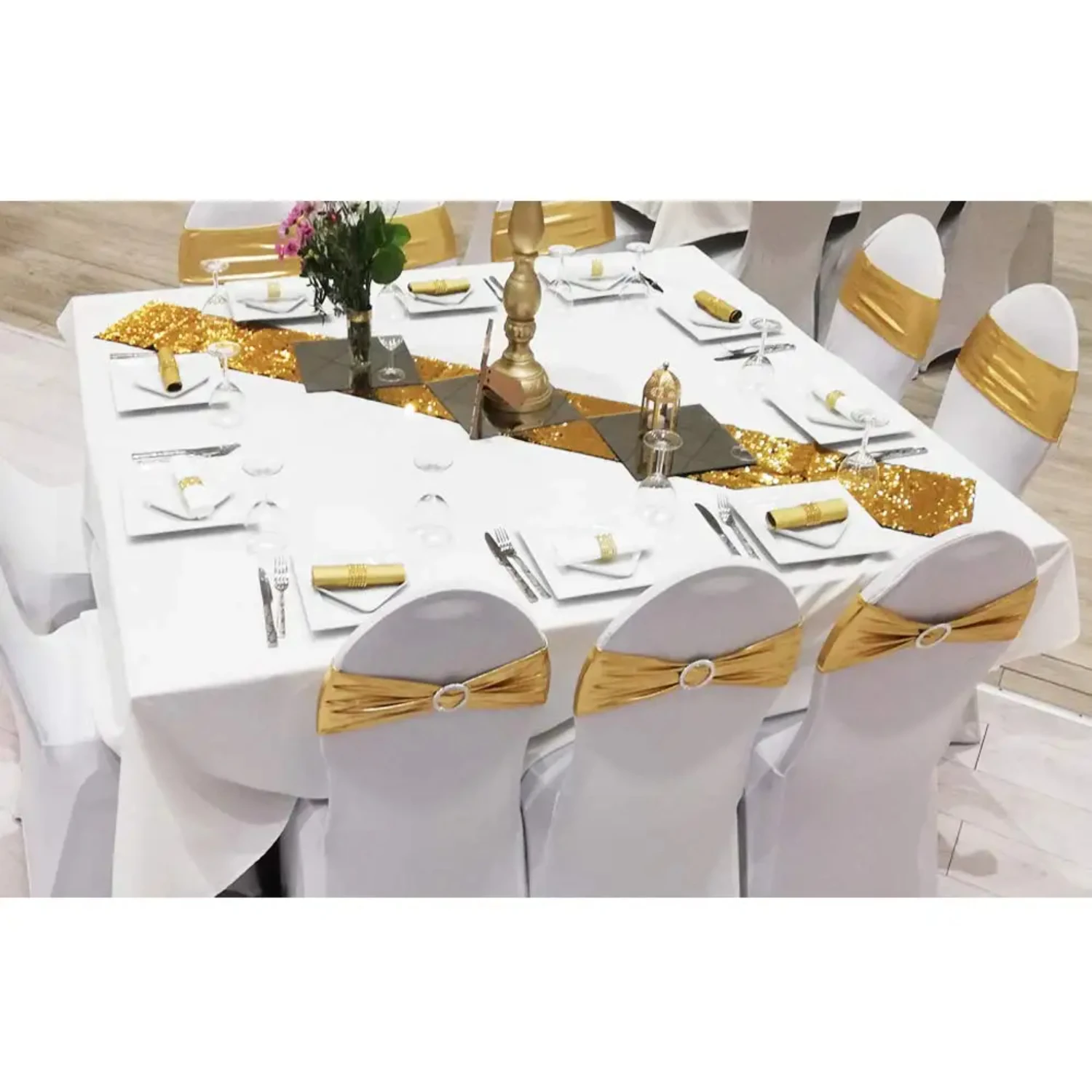 20pcs/Lot Metallic Gold Silver Chair Bands Wedding Chair Decoration Spandex Chair Sashes Bow  Party Event Hotel Banquet