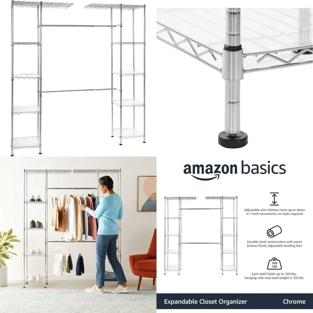 

Expandable Metal Hanging Storage Rack with Adjustable Shelves, 57-80L x 14W x 72H, Chrome Finish