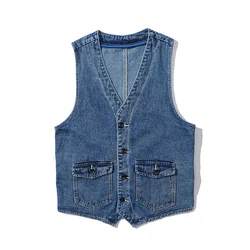 Denim Vest Men's Jacket Spring Summer Jeans Jacket V-neck Design Korean Vest Loose Casual Fashion All-match Style Male Clothing