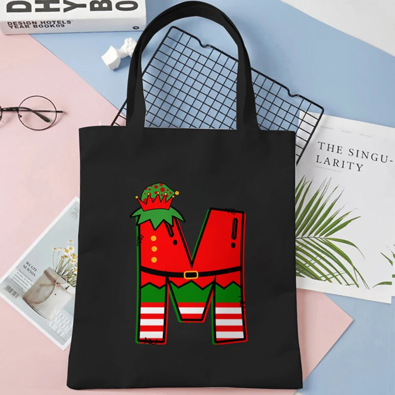 Merry Christmas 26 Alphabet Canvas Tote Bag for Women Letters Aesthetic Shoulder Bag Cartoon Capybara Student Reusable Handbags