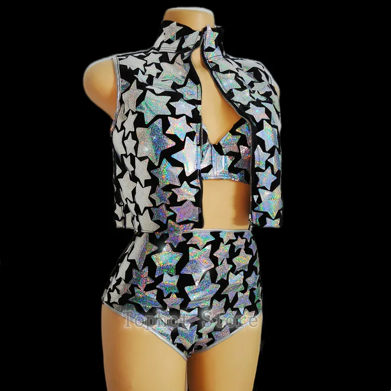 Equipo de espejo láser plateado para mujer, traje de baile de Jazz, chaleco, Bikini, conjunto de 3 piezas, Bar, club nocturno, DJ, cantante, bailarina, ropa de actuación en escenario
