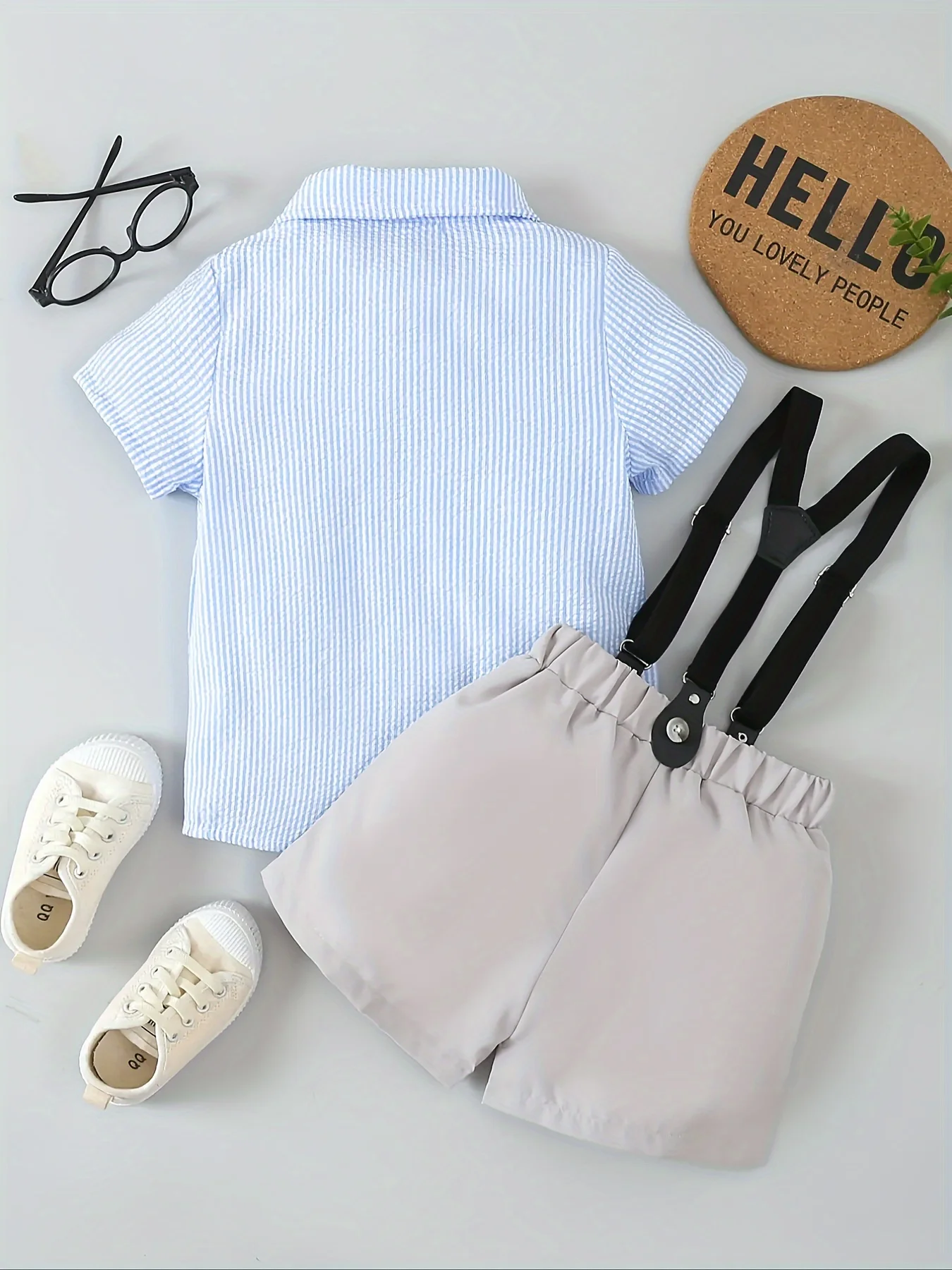 Boys summer short sleeved striped bow shirt+suspender shorts gentlemanly party dress set