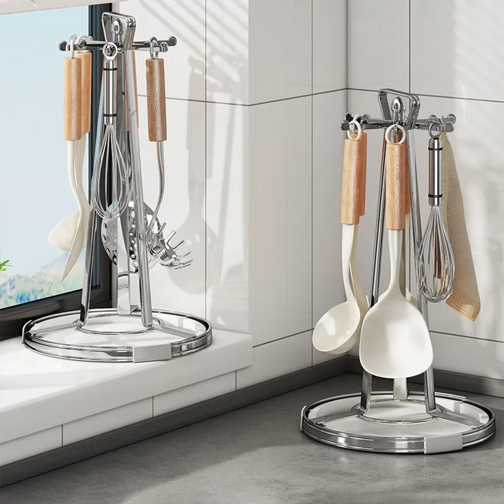 Kitchen Countert Cooking Utensils Spatula Spoon Holder 360 Rotated 6 Hooks Hanger Kitchen Storage Organizer Rack Spatula shelves