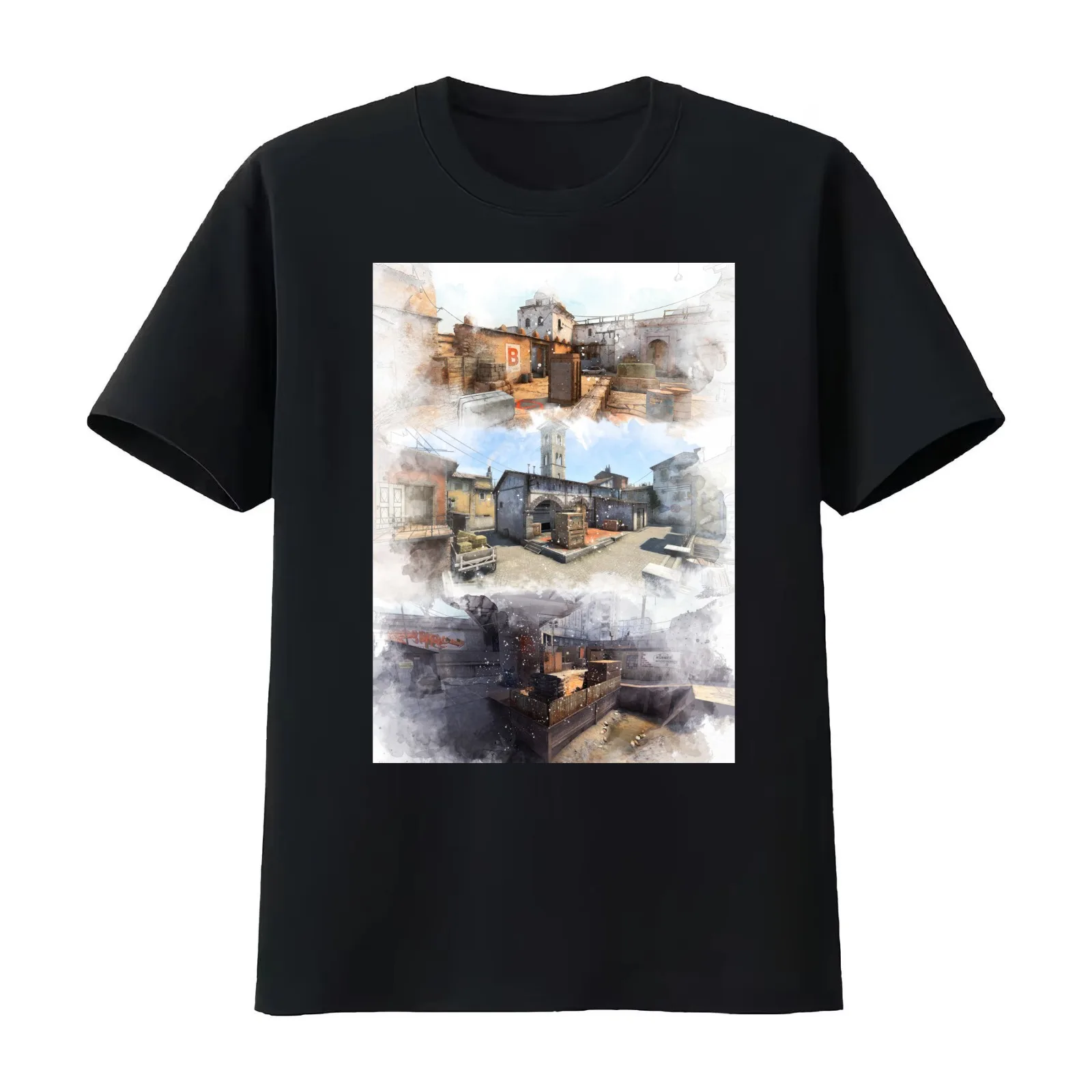 Dust 2 Inferno and Overpass Watercolour CSGO Map Poster T-Shirt Summer Casual Cotton Tee Oversized Streetwear Tops