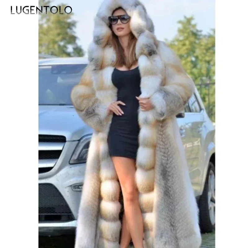 Women Faux Fur Coat Thicked Hooded Warm Winter Female New Large Size Loose Elegant Long Sleeve White Fur Cloth