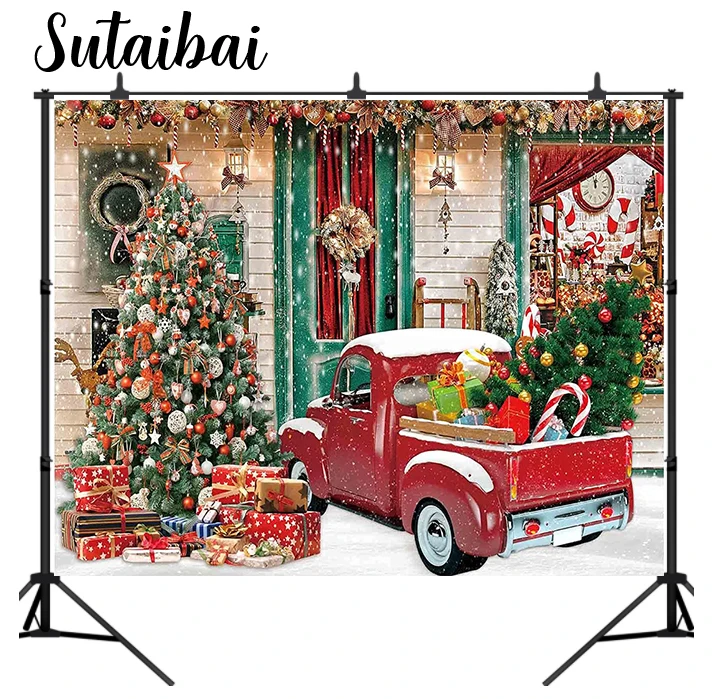 

Christmas Photography Backdrop Winter Snow Xmas Store Truck Background Vintage Holiday Photobooth Portrait Wall Party Banner