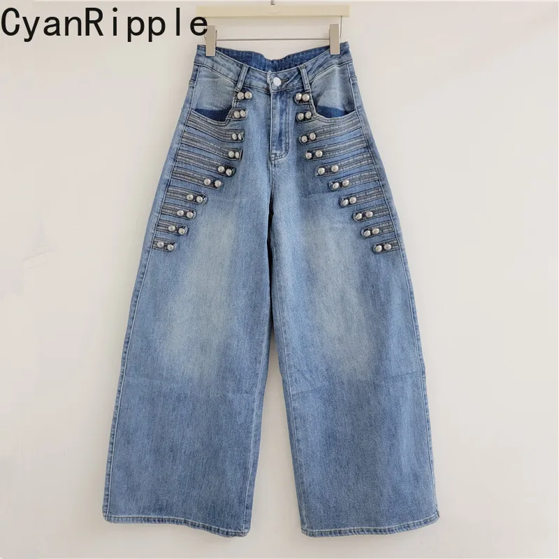 American Vintage Buckle Decoration Loose Straight Jeans 2026 New Autumn All-match High Waist Floor-length Wide Leg Denim Pants