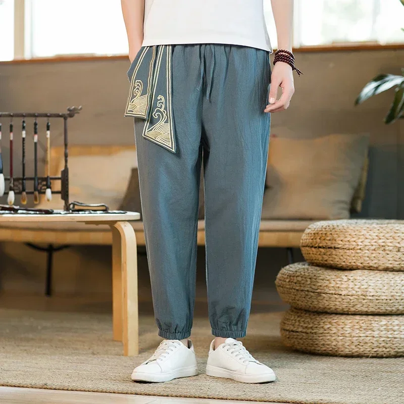 Chinese Style Retro Auspicious Clouds Print Pants Men Clothing Autumn Fashion Clothes Loose Casual Hemp Harem Pants