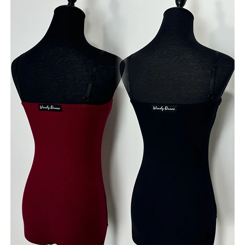 Body de baile latino con cadena de perlas para mujer, Tops con tirantes negros burdeos, ropa de actuación de baile de salón, ropa de práctica DNV23932