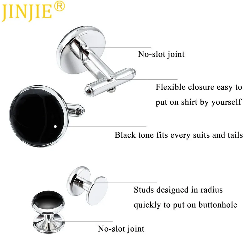 Black Onyx Cufflinks Set with 4 Shirt Stud for Mens Wedding Gifts Brand Button High Quality Classic Luxury Business Cufflinks