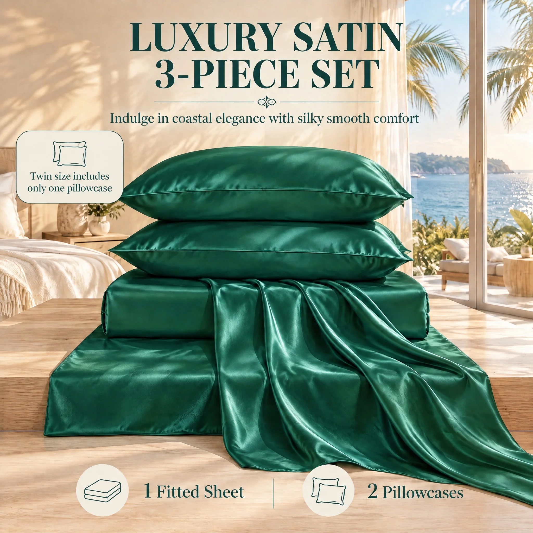Luxury Cooling 3pcs Fitted Sheet Set, 16 Inch Deep Pocket Non-Slip Wrinkle-Free Bedding, All Season Usable, Machine Washable, With 2 Pillowcase Covers For Bedroom Mattress Decor & Daily Use
