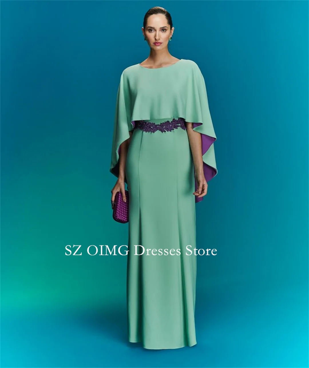 

OIMG New Design Round Neck Prom Dresses Saudi Arabic Women Long Sleeves Green Crepe Satin Evening Gowns Formal Party Dress