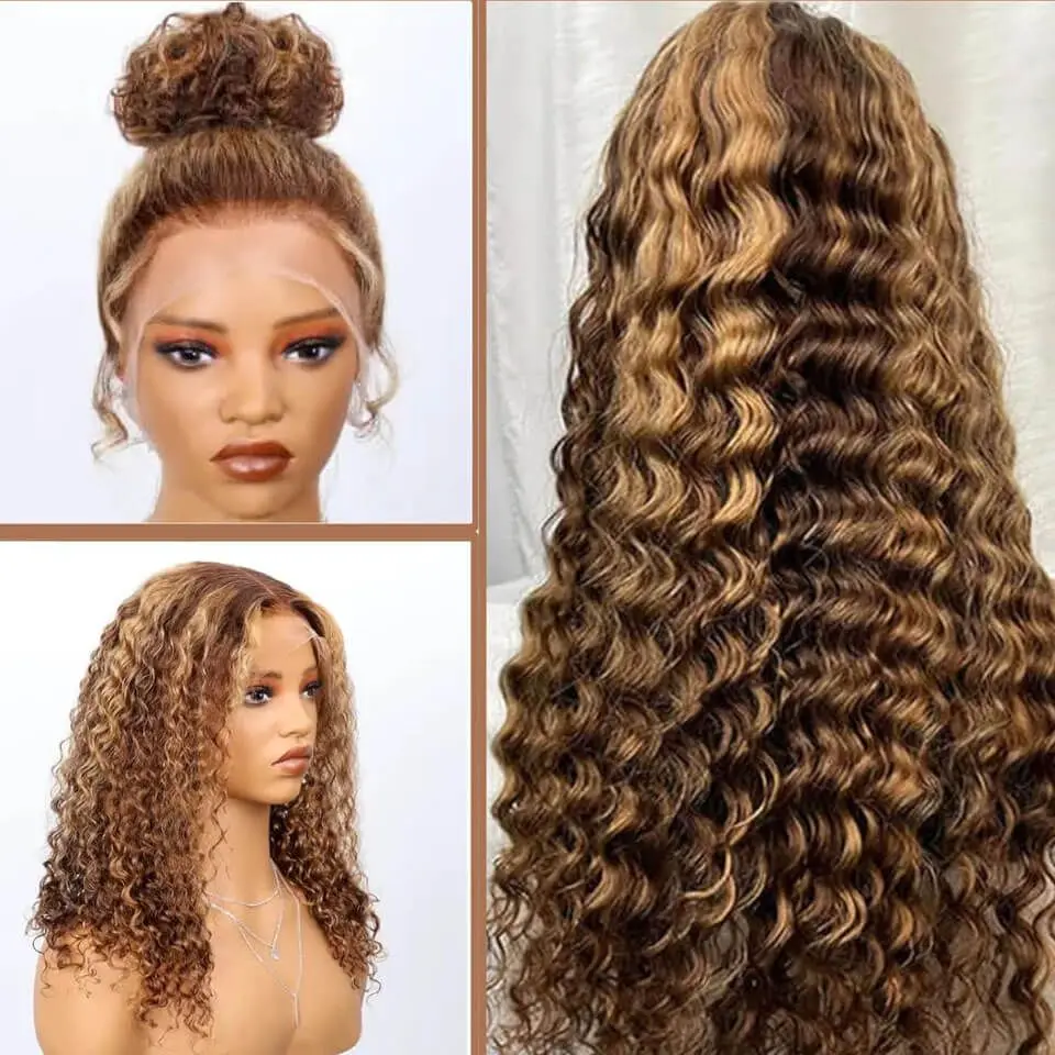 P427 Honey Blonde 360 Full Lace Wig Highlight Curly Human Hair Pre-Plucked Deep Wave Water Wave 360 Invisible Strap Lace Frontal Wig 34 Inch