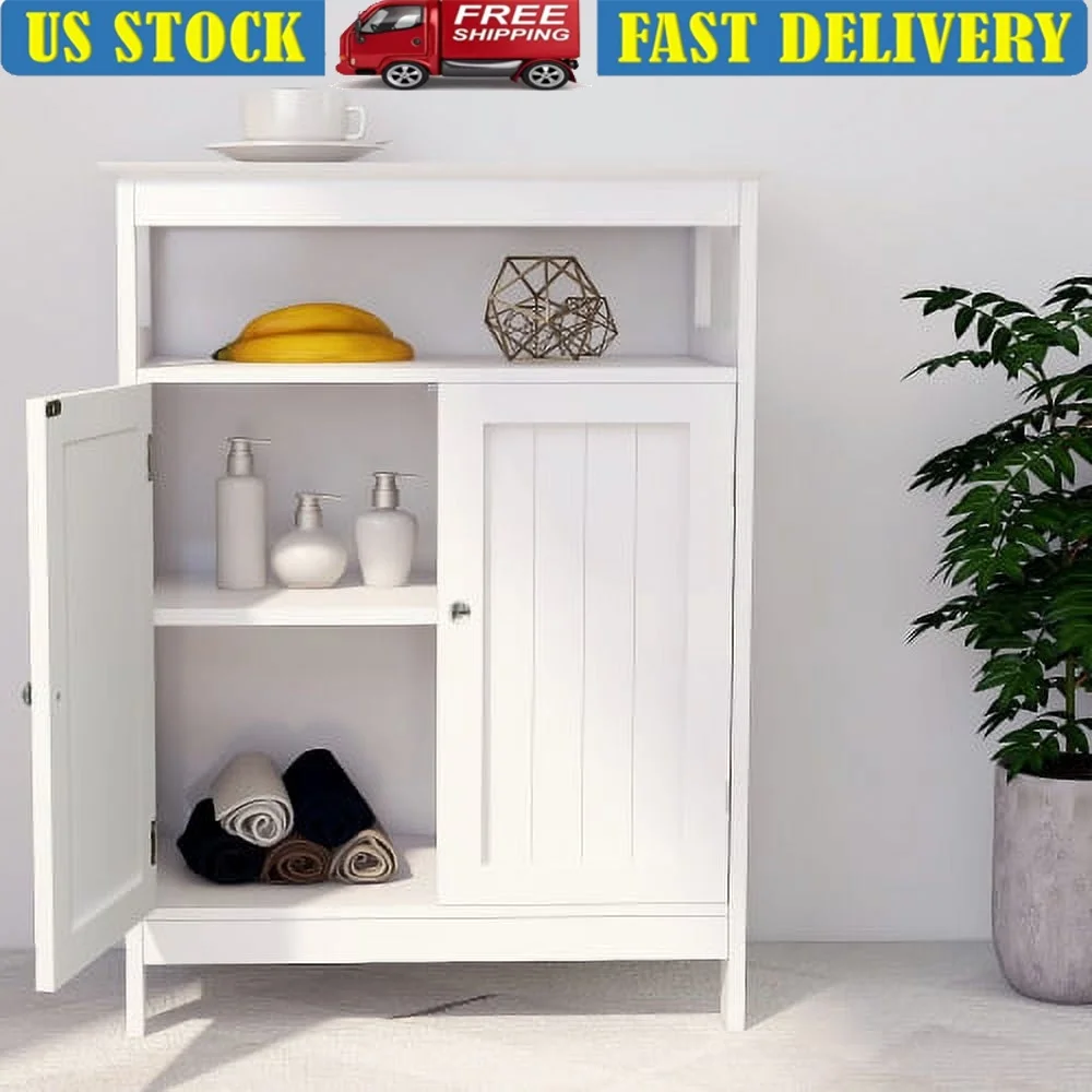 

Bathroom Storage Cabinet Double Door Organizer with Adjustable Shelves Open Storage MDF Eco-Friendly UV Finish Easy Assembly