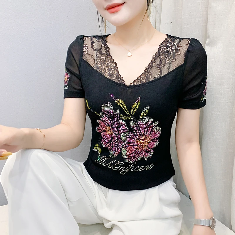 

2025,New,Summer,European,Clothes,T-Shirt,Chic,Sexy,V-Neck,Patchwork,Mesh,Shiny,Diamonds,Flower,Women,Tops,Short Sleeve,Tees,5504