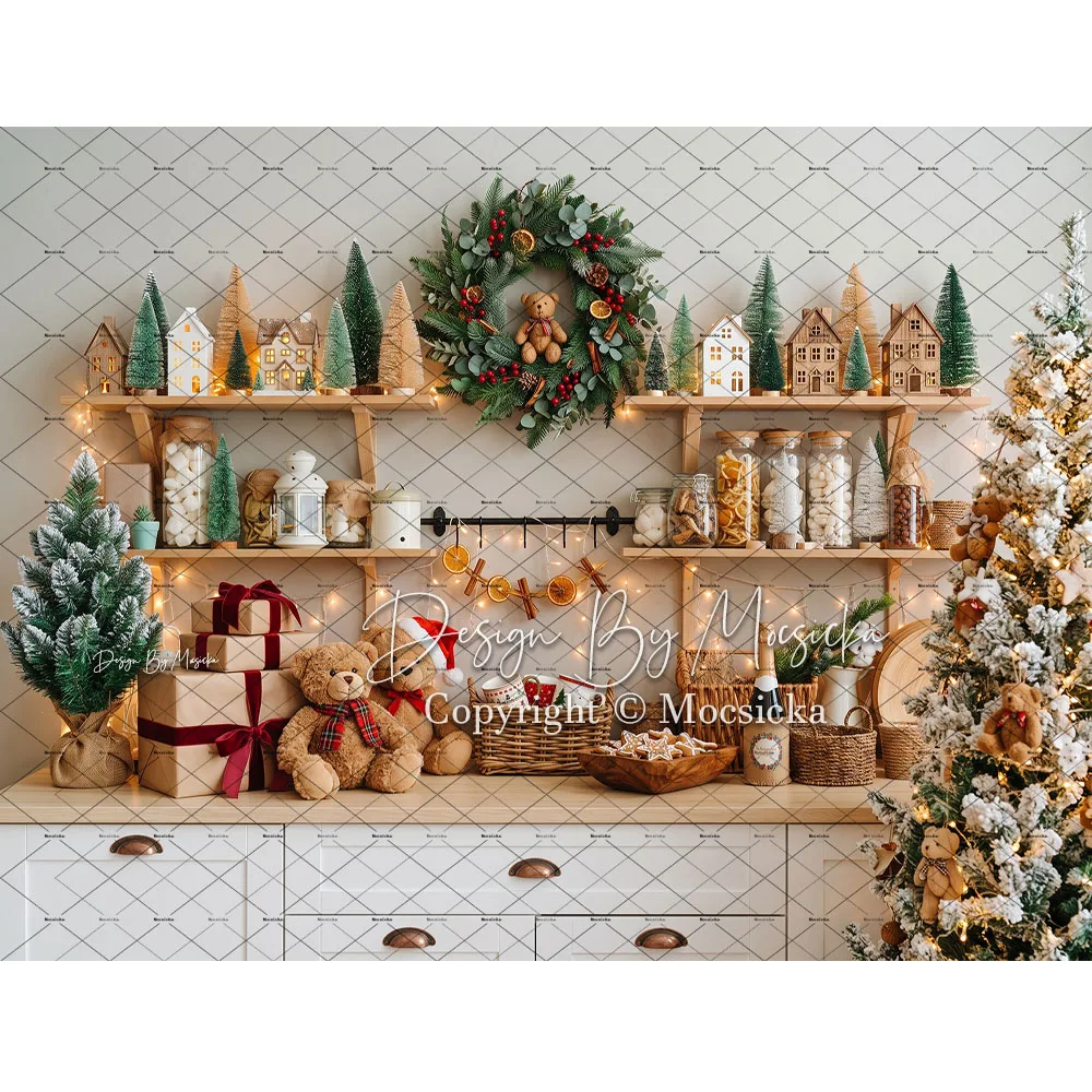 Mocsicka Backdrop Photography Christmas Kids Baking Cookie Gingerbread Kitchen Garland Wreath Holiday Background Studio Photo