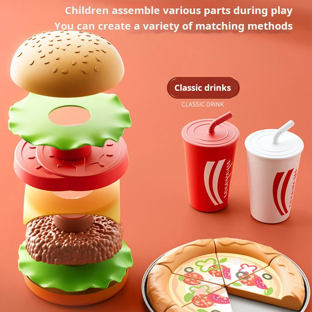 Kids Pretend Play Kitchen Realistic Burger Fries Family Bucket Meal Set Educational Model Toys for Boys Girls