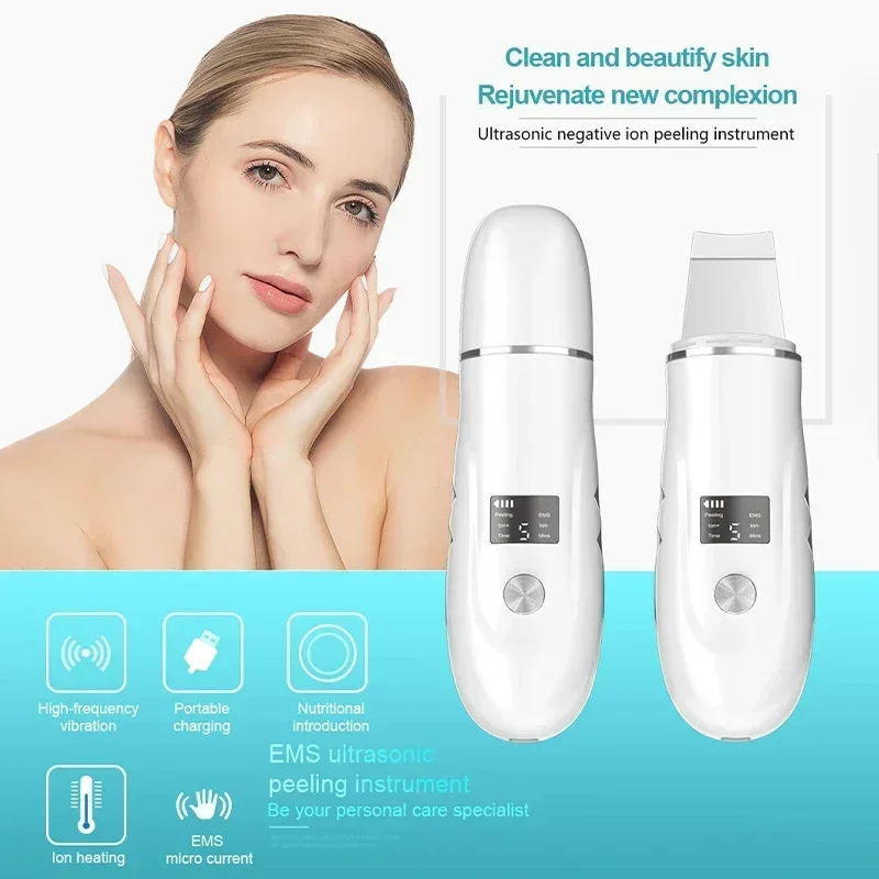 Ultrasonic Vibration Skin Scrubber, Espátula Facial, Removedor de cravos, Limpeza de pá, Removedor de poros iônicos, Peeling Lifting Skin Care