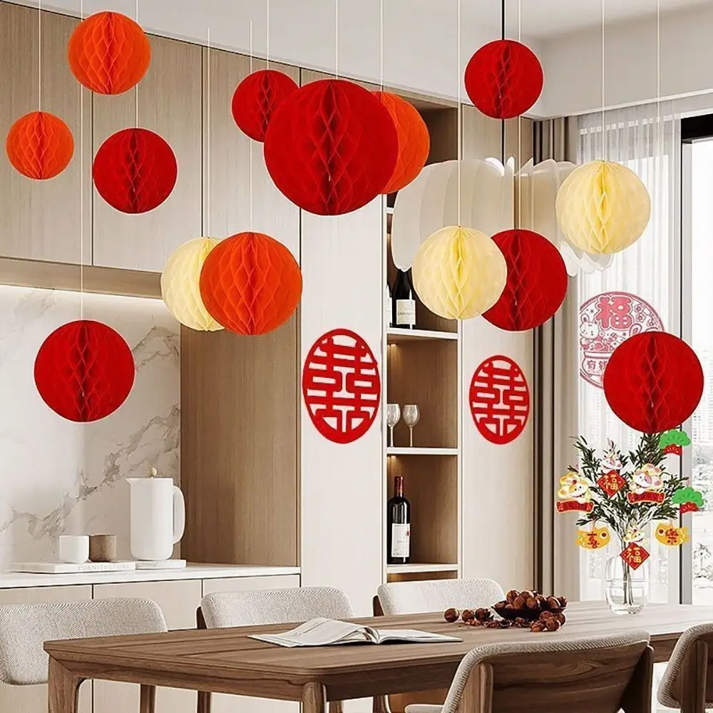 

Red Tissue Paper Lantern Honeycomb Design Tissue Paper Honeycomb Ball Scene Making Atmosphere Wedding Decorative Balls