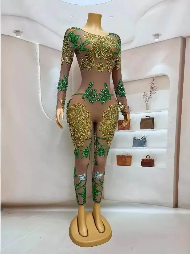 Charakter Diamant Overall Farbige Diamant Sängerin Bühne Langarm Taille Dünne Mesh Kleid frauen Abend Festliche Kleid