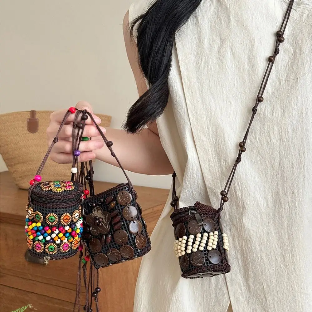 

Cloth Ethnic Style Crossbody Bag Coconut Shell Retro Handmade Weave Bag Vintage Large Capacity Bohemian Shoulder Bag Outdoor