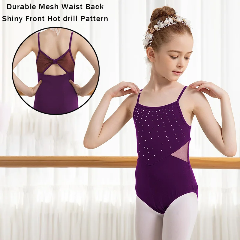 여아용 발레 캐미솔 레오타드, 체조 댄스, 부드러운 가슴 안감, 메쉬 허리 등 및 반짝이는 전면 핫 드릴 패턴